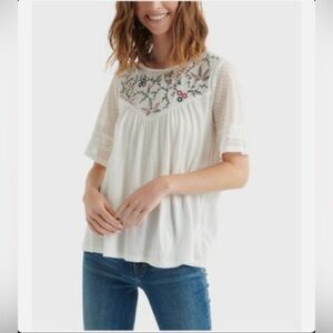 Lucky Brand Floral Embroidered Yoke White Lace Mesh Abalone Extra Pearl Button S